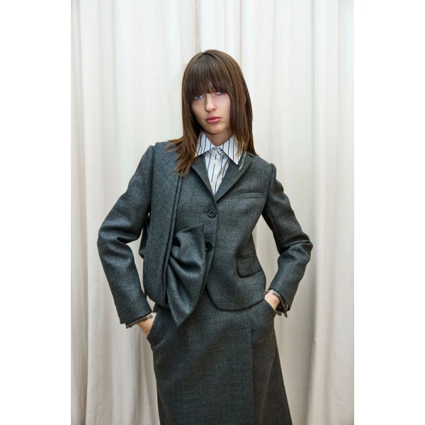 Dice Kayek Wool Blazer with Sculptural Bow Detail in Grey | Blazers | Coveti