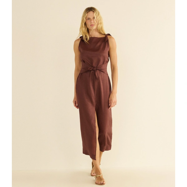 Doen Amorette Ramie Dress in Antique Mahogany | Midi Dresses | Coveti, view 2