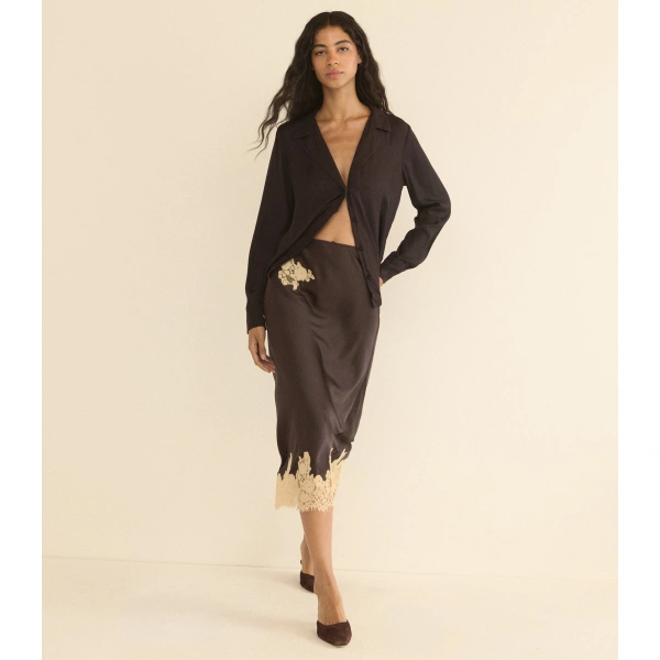 Doen Elowen Skirt in Equestrian Brown with Cream Lace | Midi Skirts | Coveti, view 2