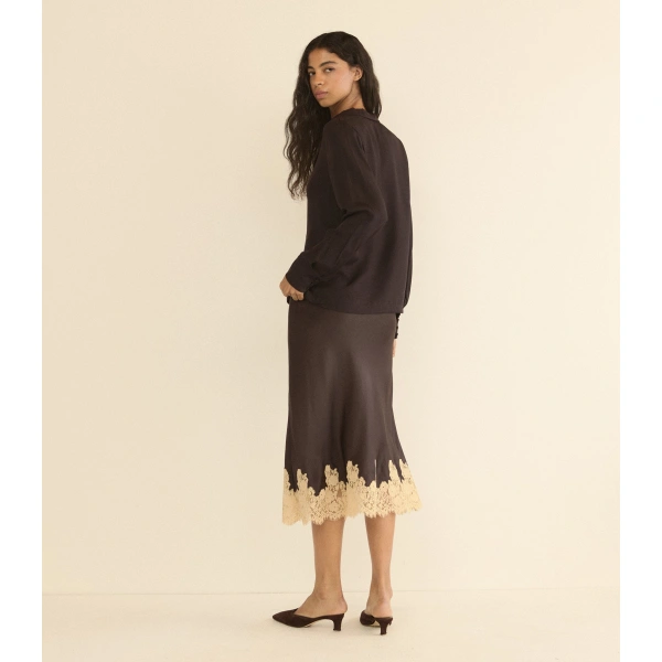 Doen Elowen Skirt in Equestrian Brown with Cream Lace | Midi Skirts | Coveti, view 3