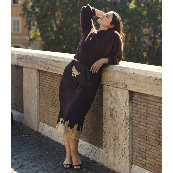 Doen Elowen Skirt in Equestrian Brown with Cream Lace | Midi Skirts | Coveti, view 6
