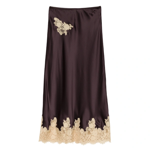 Doen Elowen Skirt in Equestrian Brown with Cream Lace | Midi Skirts | Coveti