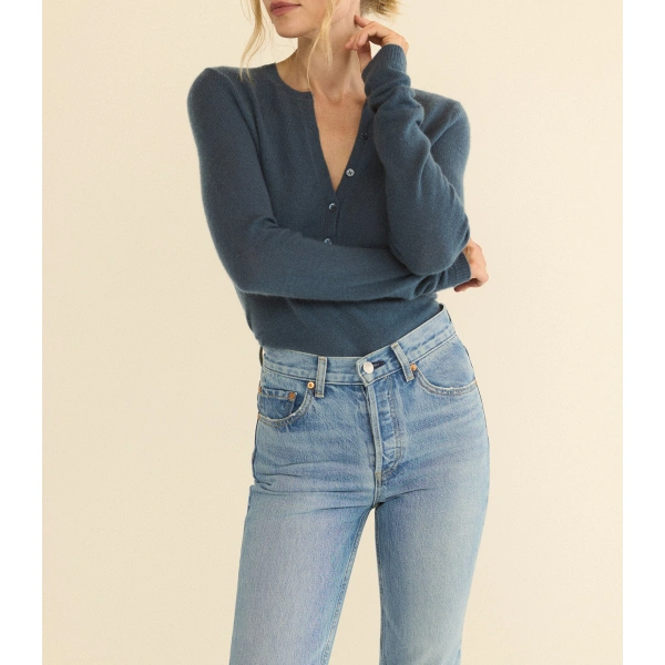 Doen Heath Cashmere Henley in Blue Stone | T-Shirts | Coveti, view 2