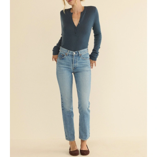 Doen Heath Cashmere Henley in Blue Stone | T-Shirts | Coveti, view 4