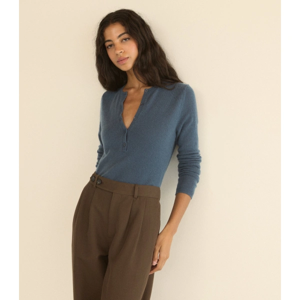 Doen Heath Cashmere Henley in Blue Stone | T-Shirts | Coveti, view 5