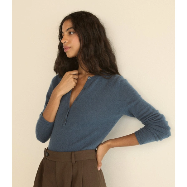 Doen Heath Cashmere Henley in Blue Stone | T-Shirts | Coveti, view 6