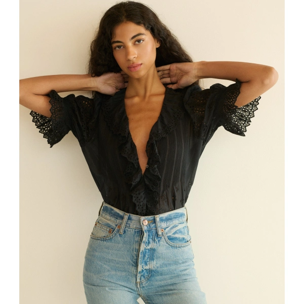 Doen Henri Top in Black Eyelet | Blouses | Coveti, view 3