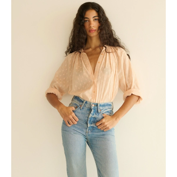 Doen Julienne Top in Peach Sorbet Marseille Embroidery | Blouses | Coveti, view 2