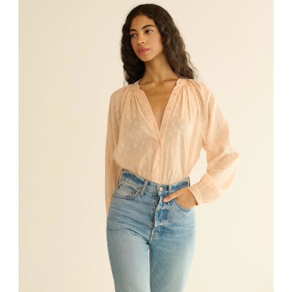 Doen Julienne Top in Peach Sorbet Marseille Embroidery | Blouses | Coveti, view 3
