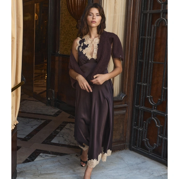 Doen Julitta Dress in Equestrian Brown with Cream Lace | Midi Dresses | Coveti, view 2