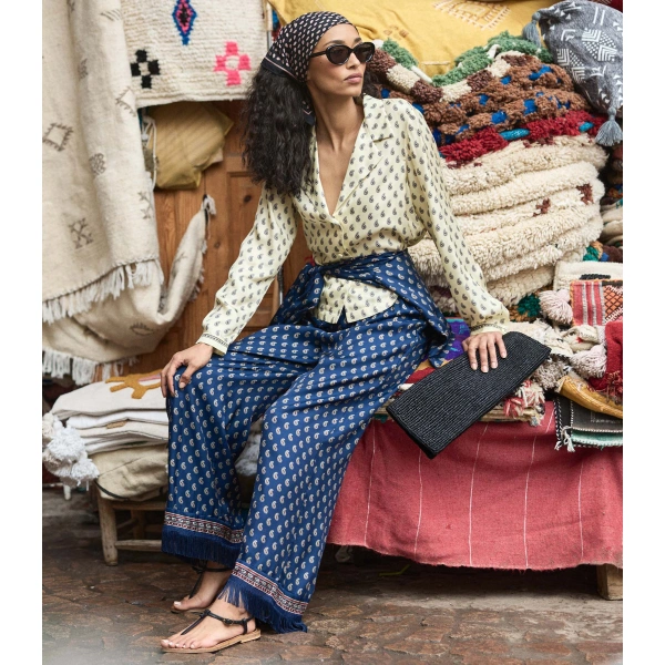 Doen Lavon Fringe Pant in Bleu Taormina Paisley | Pants | Coveti, view 4