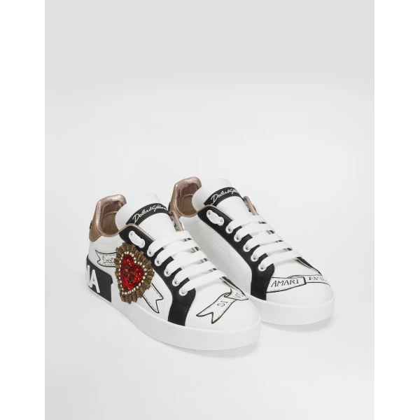 Multicolour Dolce & Gabbana Calfskin Portofino sneakers with embroidery, view 2 | Sneakers