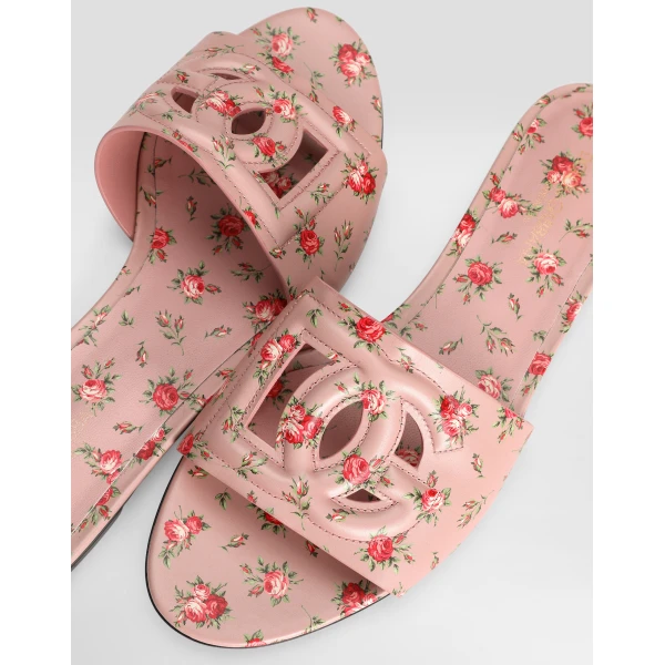 Multicolour Dolce & Gabbana Calfskin flat slippers with little roses print, view 4 | Flip Flops & Slides