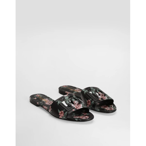 Multicolour Dolce & Gabbana Calfskin flat slippers with rose print, view 2 | Flip Flops & Slides