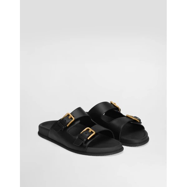 Black Dolce & Gabbana Calfskin sliders, view 2 | Flip Flops & Slides