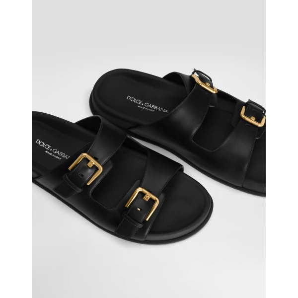 Black Dolce & Gabbana Calfskin sliders, view 4 | Flip Flops & Slides