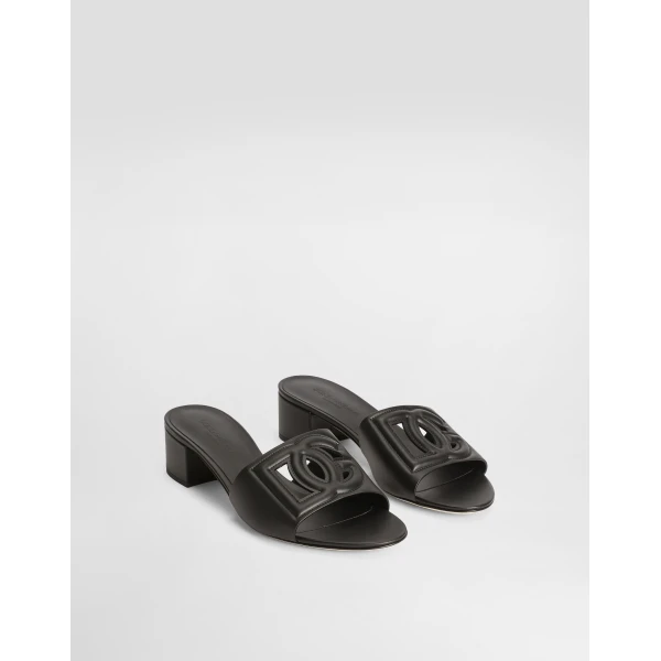 Black Dolce & Gabbana Calfskin sliders with DG logo, view 3 | Flip Flops & Slides