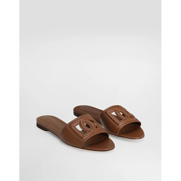 Brown Dolce & Gabbana Calfskin sliders with DG logo, view 2 | Flip Flops & Slides