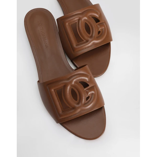 Brown Dolce & Gabbana Calfskin sliders with DG logo, view 4 | Flip Flops & Slides