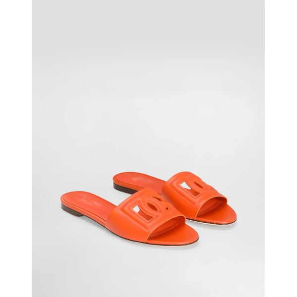 Orange Dolce & Gabbana Calfskin sliders with DG logo, view 2 | Flip Flops & Slides