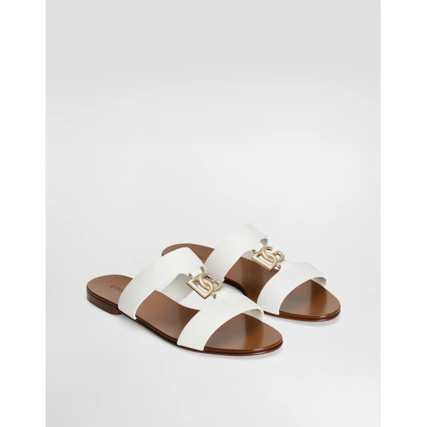 White Dolce & Gabbana Calfskin sliders with DG logo, view 2 | Flip Flops & Slides