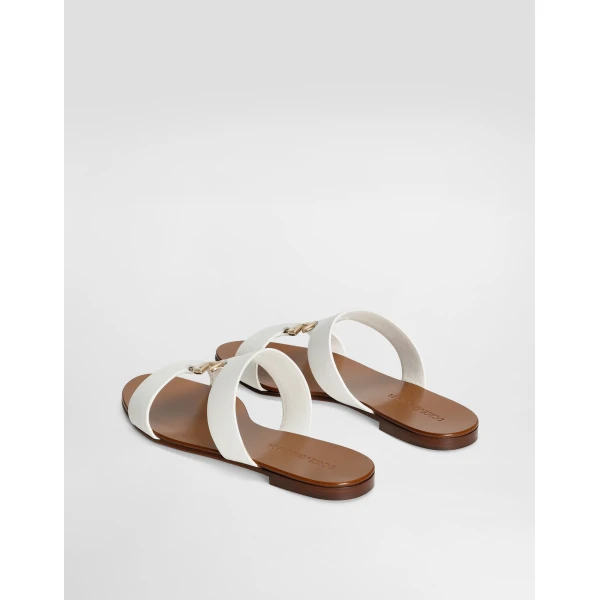 White Dolce & Gabbana Calfskin sliders with DG logo, view 3 | Flip Flops & Slides