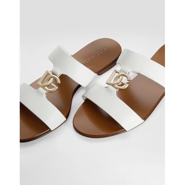 White Dolce & Gabbana Calfskin sliders with DG logo, view 4 | Flip Flops & Slides