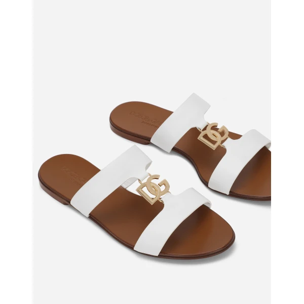 White Dolce & Gabbana Calfskin sliders with DG logo, view 6 | Flip Flops & Slides