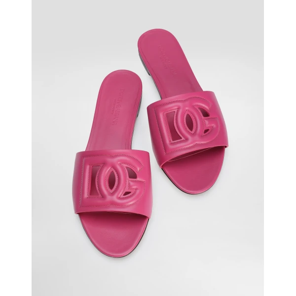Lilac Dolce & Gabbana Calfskin slides with DG logo, view 4 | Flip Flops & Slides