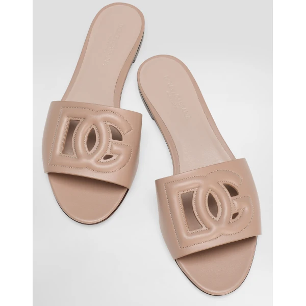 Pale Pink Dolce & Gabbana Calfskin slides with DG logo, view 4 | Flip Flops & Slides