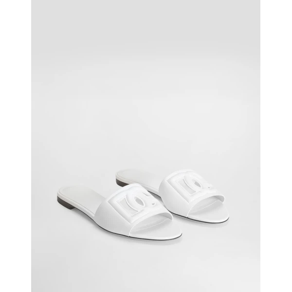 White Dolce & Gabbana Calfskin slides with DG logo, view 2 | Flip Flops & Slides