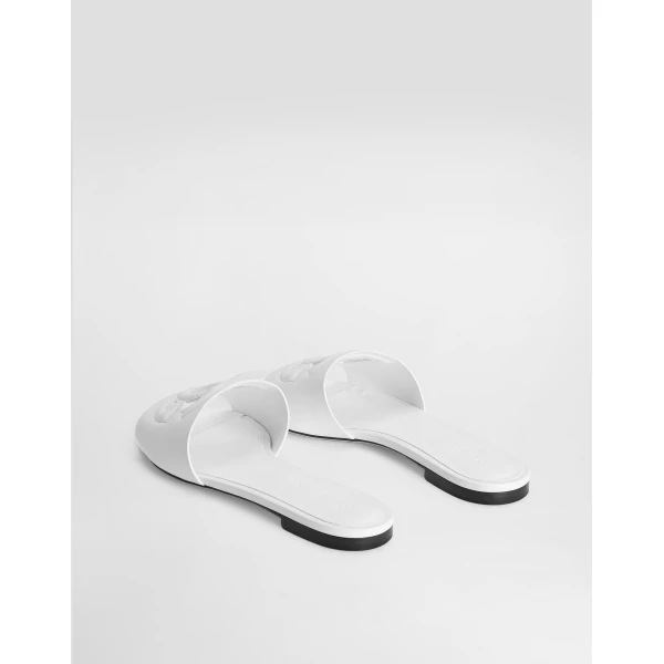 White Dolce & Gabbana Calfskin slides with DG logo, view 3 | Flip Flops & Slides