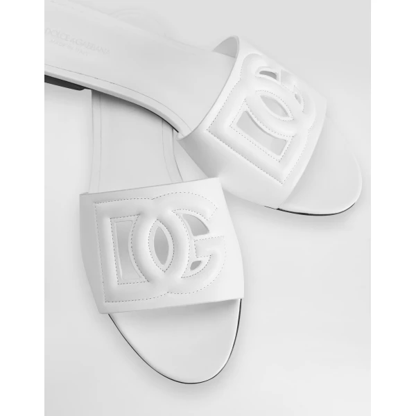 White Dolce & Gabbana Calfskin slides with DG logo, view 4 | Flip Flops & Slides