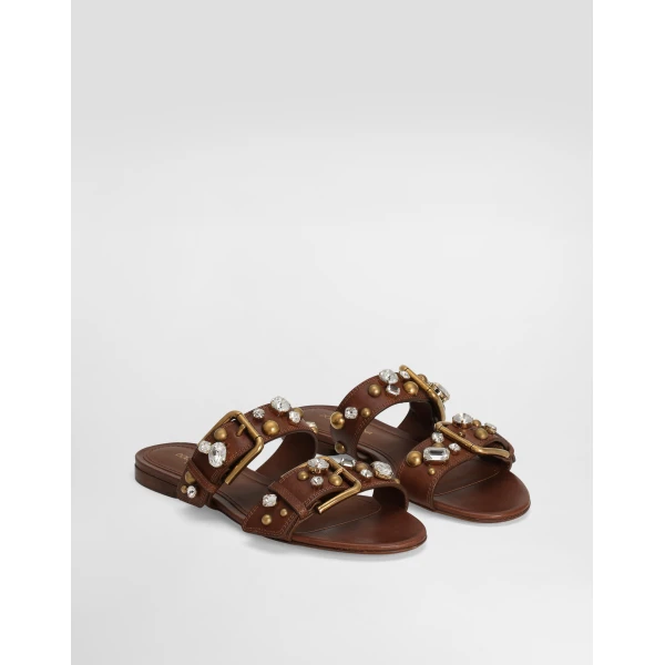 Multicolour Dolce & Gabbana Cowhide embellished flat slippers, view 2 | Flip Flops & Slides