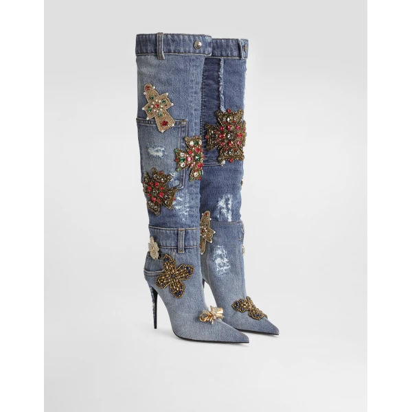 Multicolour Dolce & Gabbana Denim boots with embroidery and stones, view 2 | Boots
