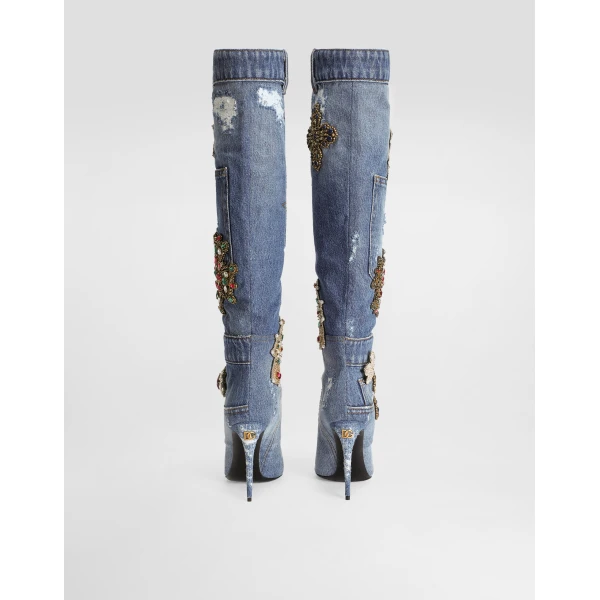 Multicolour Dolce & Gabbana Denim boots with embroidery and stones, view 3 | Boots