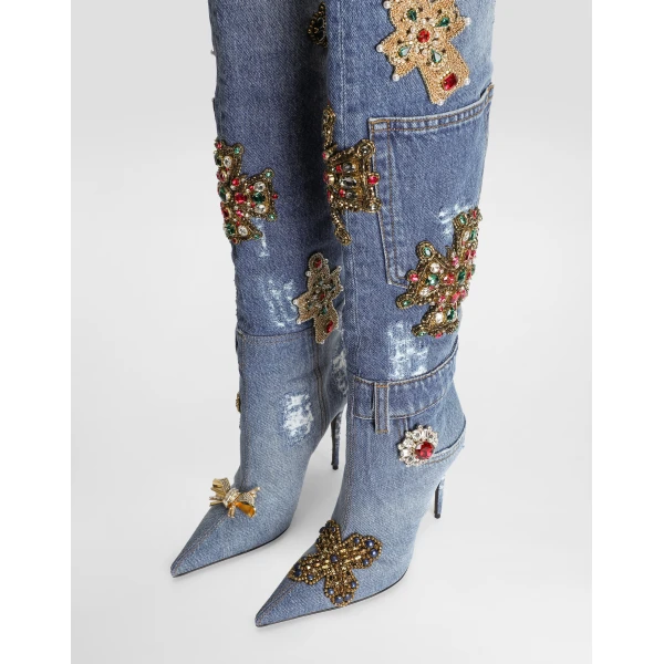 Multicolour Dolce & Gabbana Denim boots with embroidery and stones, view 4 | Boots