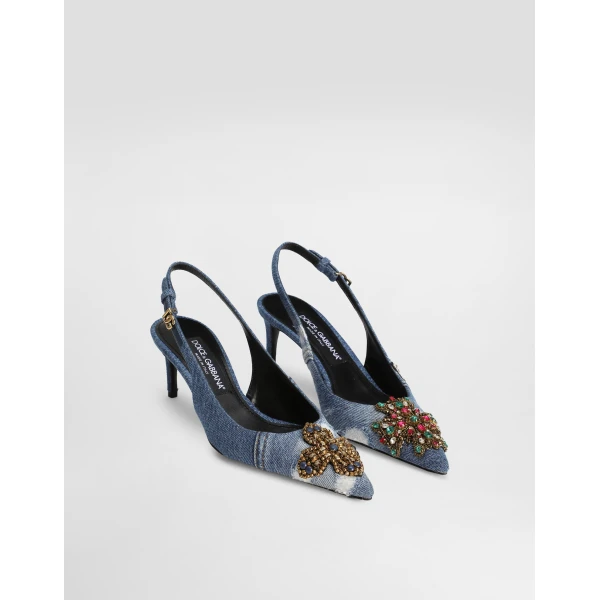 Multicolour Dolce & Gabbana Denim patchwork slingback with embroidery, view 2 | Heels