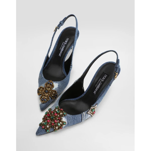 Multicolour Dolce & Gabbana Denim patchwork slingback with embroidery, view 4 | Heels