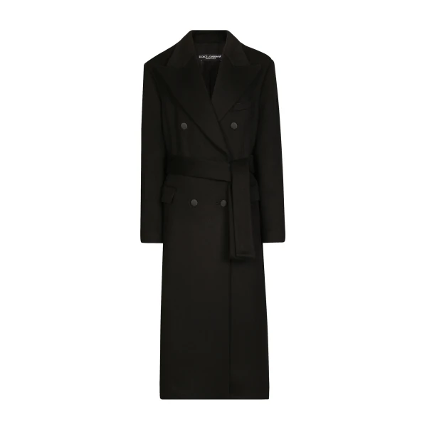Double-breasted cashmere baize coat with belt