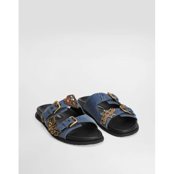 Multicolour Dolce & Gabbana Flat denim slippers with embroidery, view 2 | Flip Flops & Slides