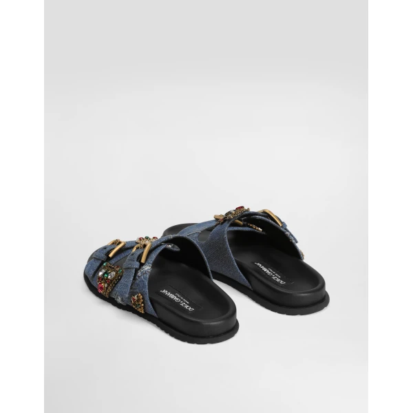 Multicolour Dolce & Gabbana Flat denim slippers with embroidery, view 3 | Flip Flops & Slides