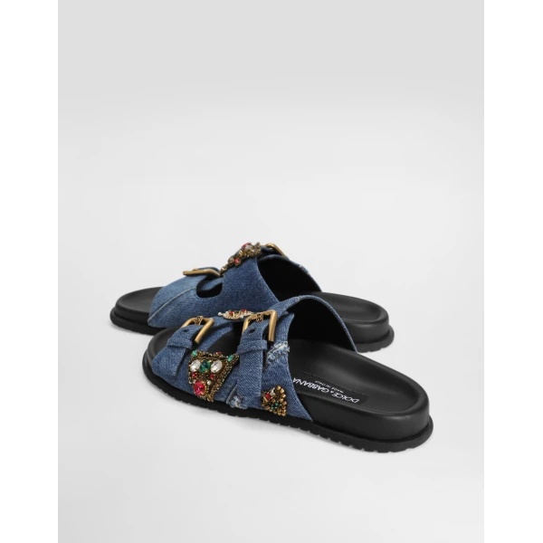 Multicolour Dolce & Gabbana Flat denim slippers with embroidery, view 4 | Flip Flops & Slides