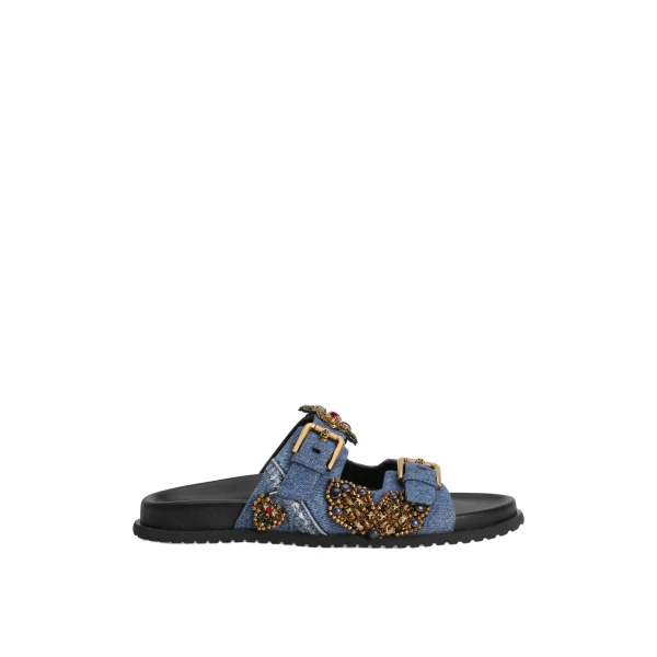 Multicolour Dolce & Gabbana Flat denim slippers with embroidery | Flip Flops & Slides