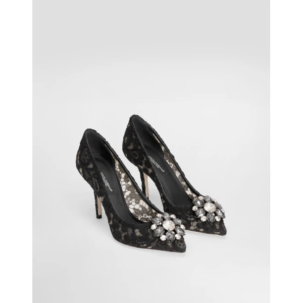 Black Dolce & Gabbana Lace rainbow pumps with brooch detailing, view 2 | Heels