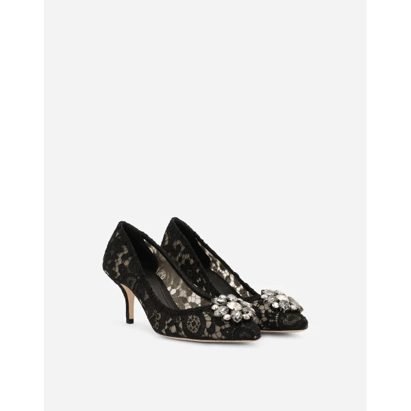 Black Dolce & Gabbana Lace rainbow pumps with brooch detailing, view 3 | Heels