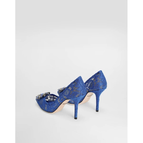 Blue Dolce & Gabbana Lace rainbow pumps with brooch detailing, view 3 | Heels