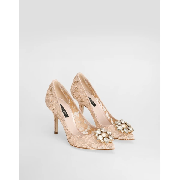 Pink Dolce & Gabbana Lace rainbow pumps with brooch detailing, view 2 | Heels