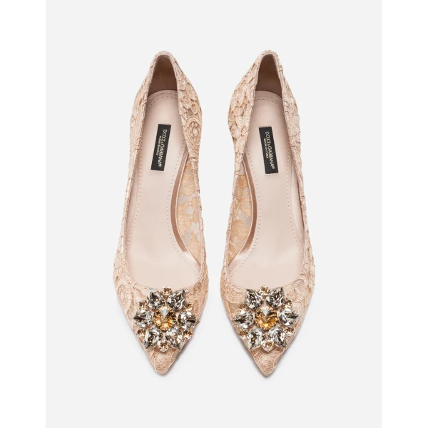 Pink Dolce & Gabbana Lace rainbow pumps with brooch detailing, view 3 | Heels