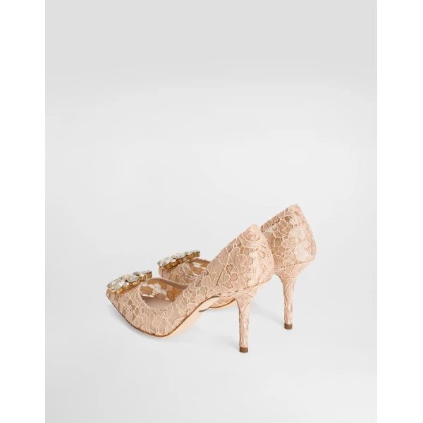 Pink Dolce & Gabbana Lace rainbow pumps with brooch detailing, view 3 | Heels